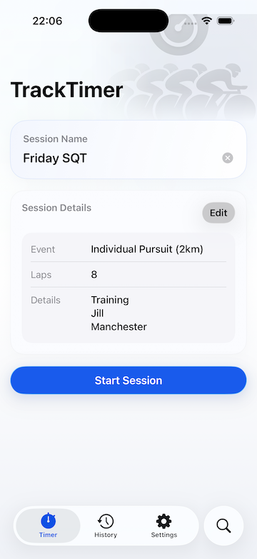 TrackTimer start screen