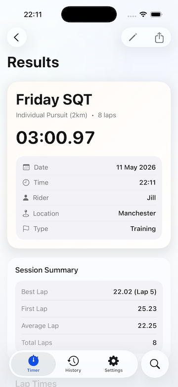 TrackTimer results screen