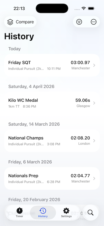 TrackTimer history screen