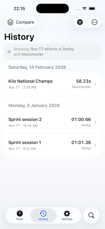 TrackTimer filtered history screen